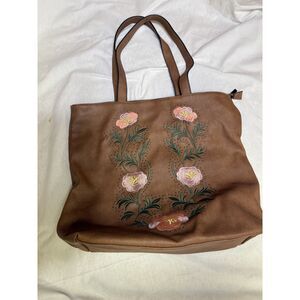 Embroidered Floral Tote Bag - Brown with Pink & Yellow Flowers